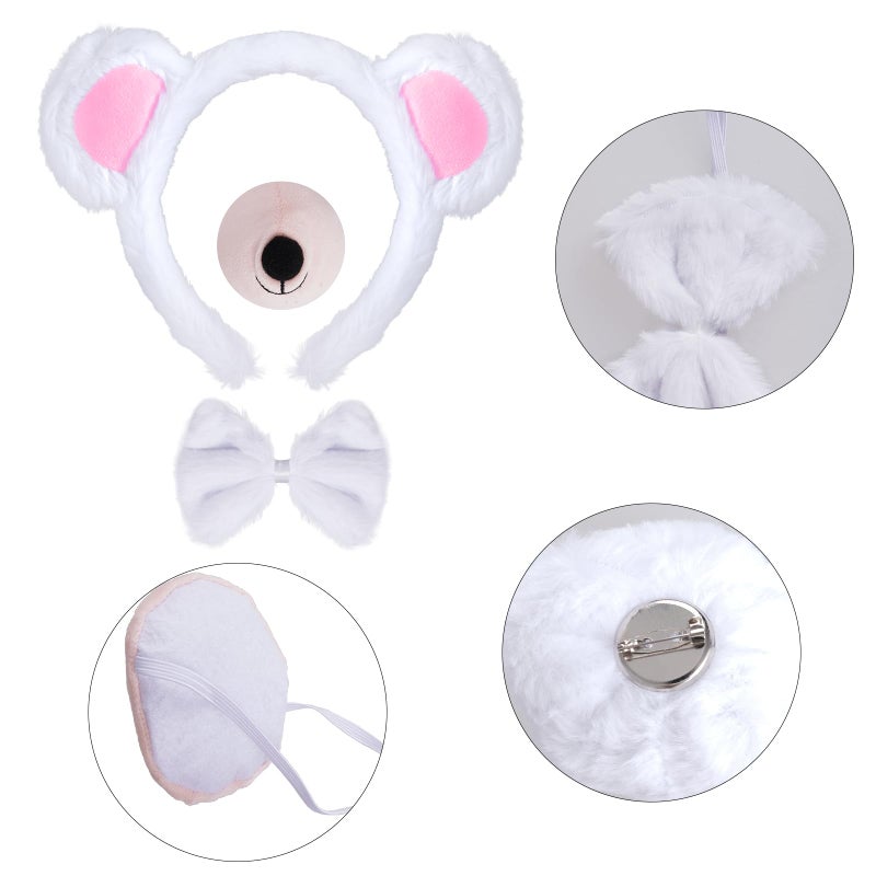 Jmkcoz 4 Pieces Bear Costume Set Bear Ears Headband and Tail Nose Bowtie for Halloween Carnival Animal Cosplay Party (White) - Image 3